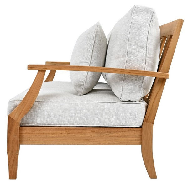 Martinique Teakwood Patio Loveseat in Natural Teak with White Cushion