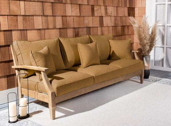 Martinique Wood Patio Sofa in Natural with Brown Cushion