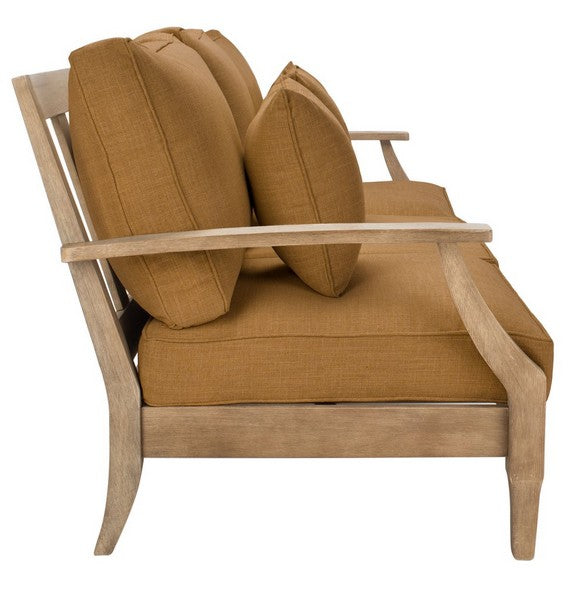 Martinique Wood Patio Sofa in Natural with Brown Cushion