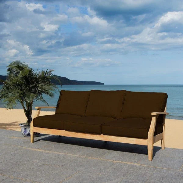Martinique Wood Patio Sofa in Natural with Dark Brown Cushion