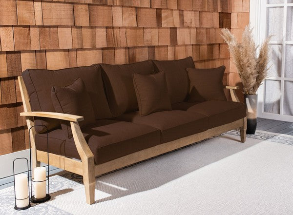 Martinique Wood Patio Sofa in Natural with Dark Brown Cushion