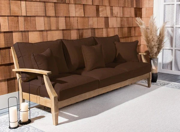 Martinique Wood Patio Sofa in Natural with Dark Brown Cushion