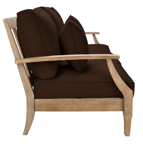 Martinique Wood Patio Sofa in Natural with Dark Brown Cushion