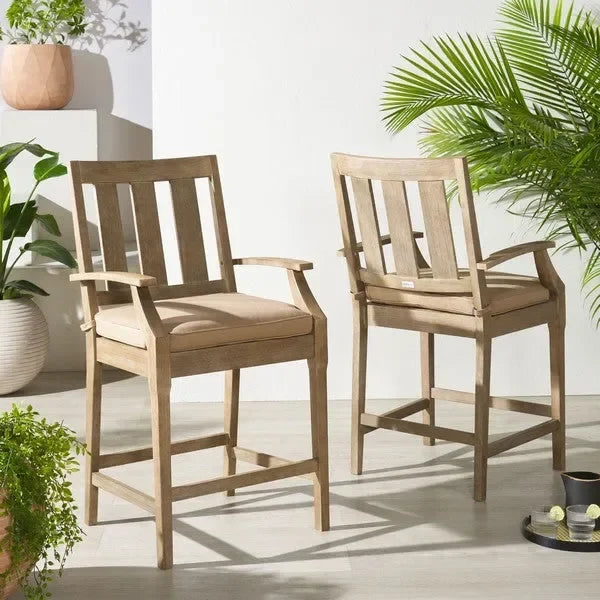 San Salvador Wood Patio Counter Stools in Brown with Cushion (Set of 2) - The Mayfair Hall