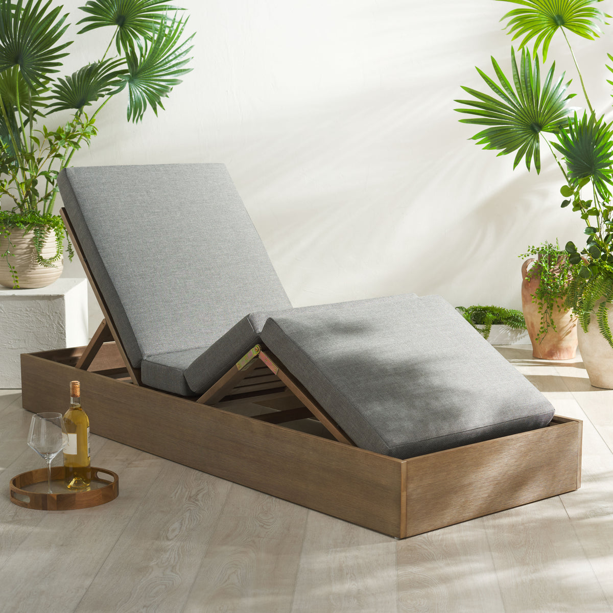 Vincent Eucalyptus Wood Chaise Lounge Chair in Natural and Dark Gray