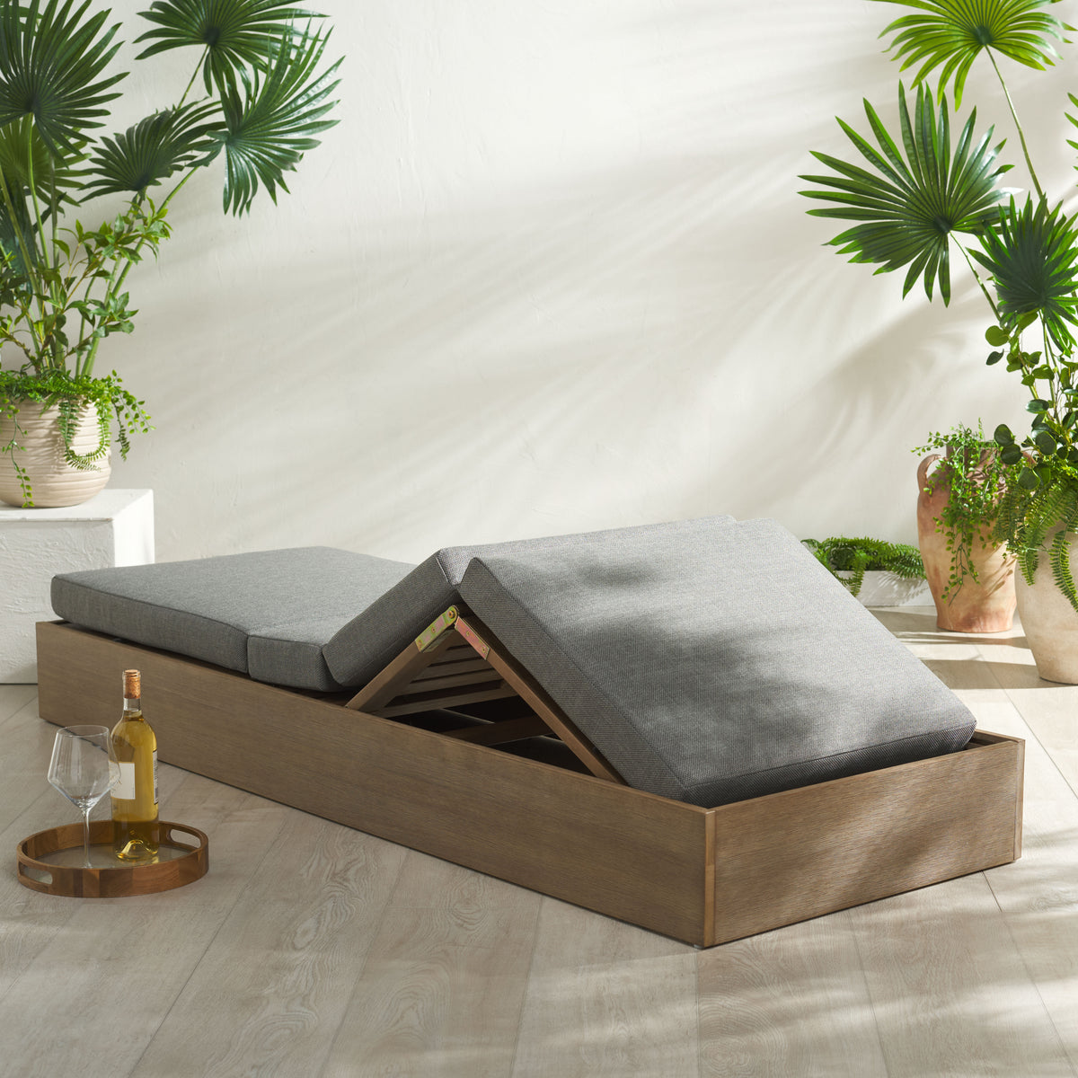Vincent Eucalyptus Wood Chaise Lounge Chair in Natural and Dark Gray