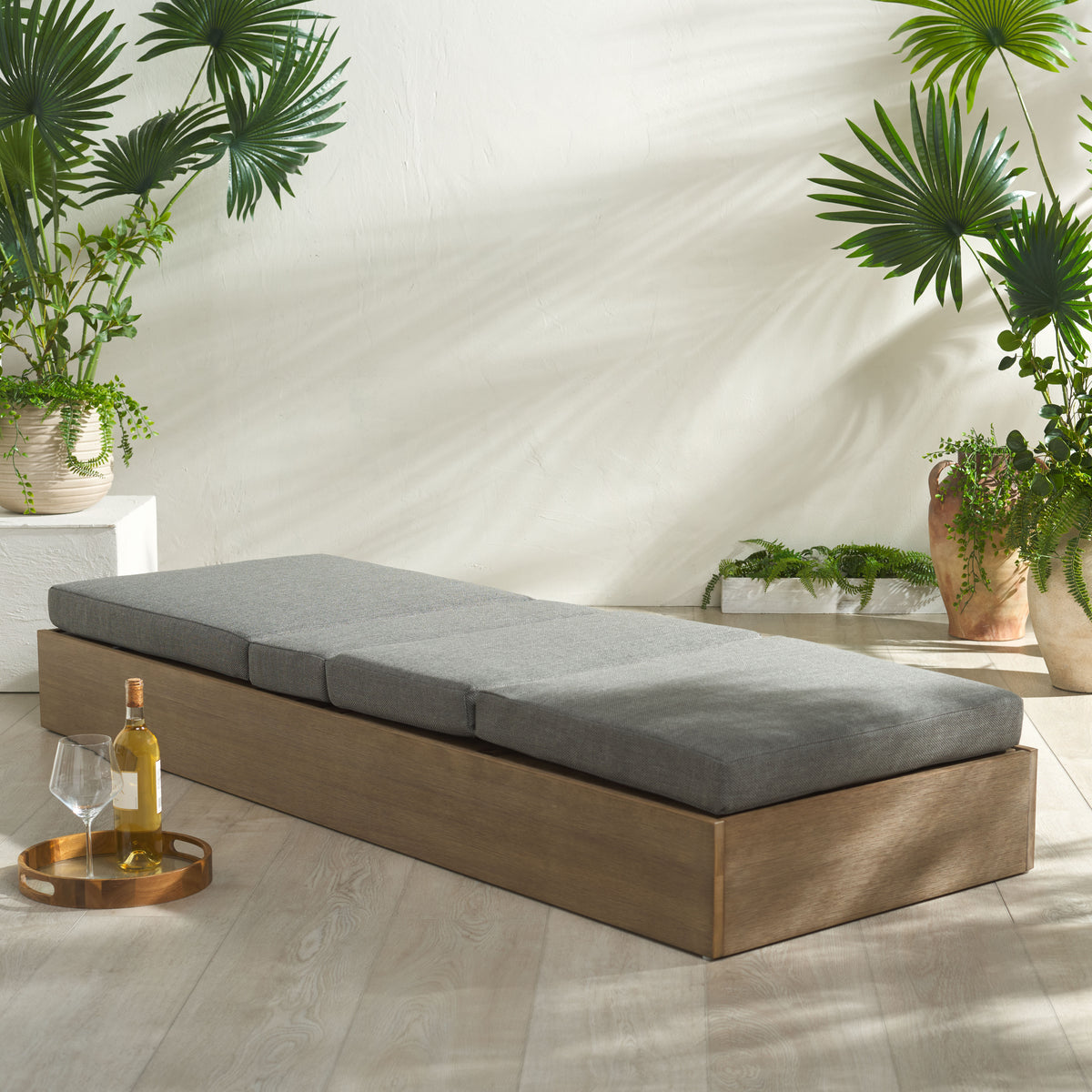 Vincent Eucalyptus Wood Chaise Lounge Chair in Natural and Dark Gray