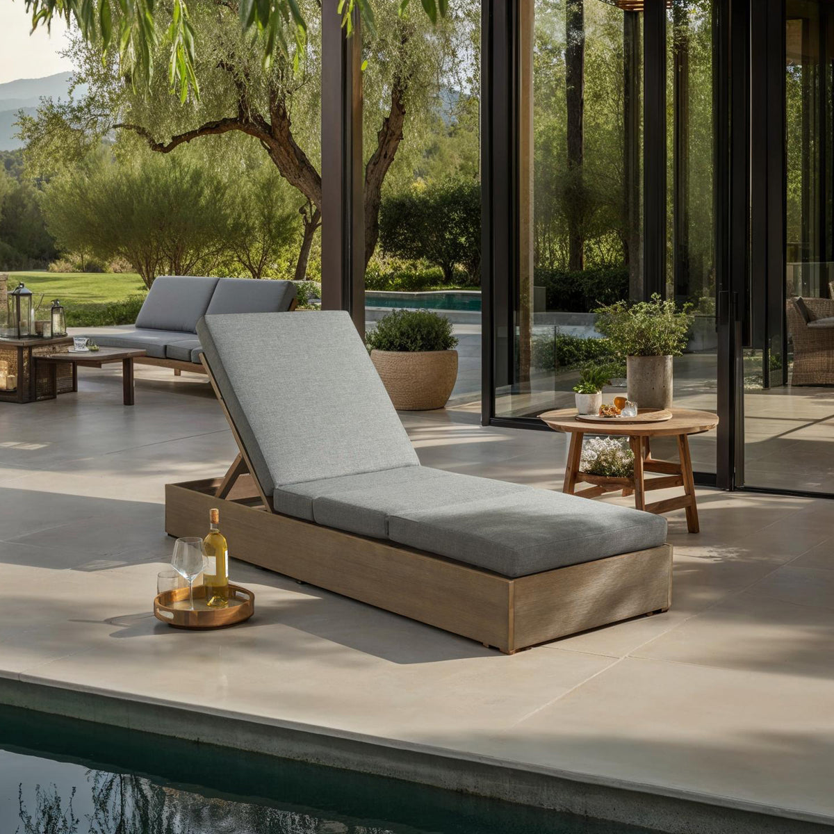 Vincent Eucalyptus Wood Chaise Lounge Chair in Natural and Dark Gray