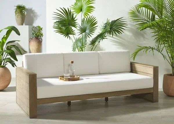 Santiago Eucalyptus Wood Patio Sofa in Natural/Beige with Upholstered Cushion - The Mayfair Hall