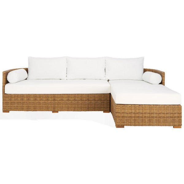 Anguilla Wicker Outdoor Chaise Sectional in Natural with White Cushion