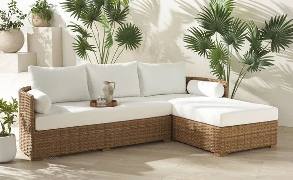 Anguilla Wicker Outdoor Chaise Sectional in Natural and White - The Mayfair Hall