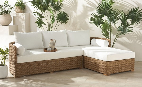Anguilla Wicker Outdoor Chaise Sectional in Natural with White Cushion