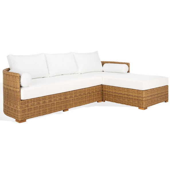 Anguilla Wicker Outdoor Chaise Sectional in Natural with White Cushion