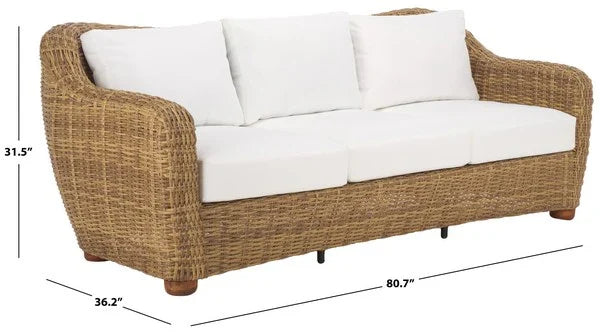 Melbourne Wicker Patio Sofa in Natural with White Cushion