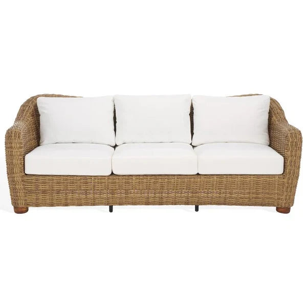 Melbourne Wicker Patio Sofa in Natural with White Cushion