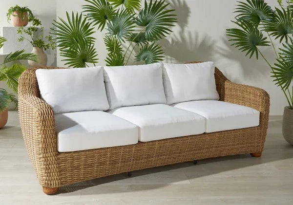 Melbourne Wicker Patio Sofa in Natural with White Cushion