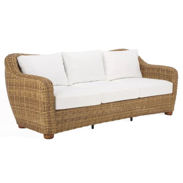 Melbourne Wicker Patio Sofa in Natural with White Cushion
