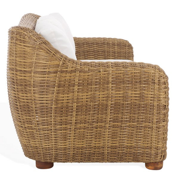Melbourne Wicker Patio Sofa in Natural with White Cushion