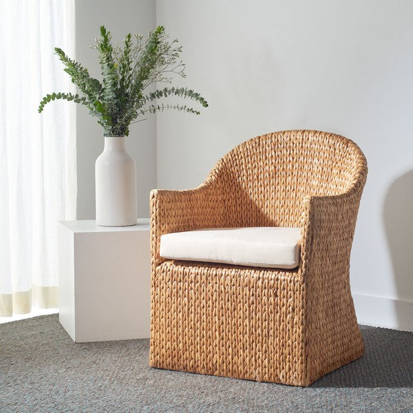 Solomon Water Hyacinth Dining Chair in Natural with Beige Cushion
