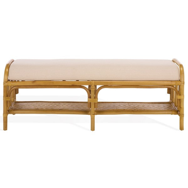 Flanders Rattan Pole Bench in Natural with White Cushion