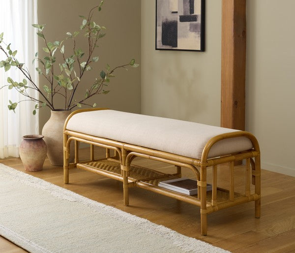 Flanders Rattan Pole Bench in Natural with White Cushion