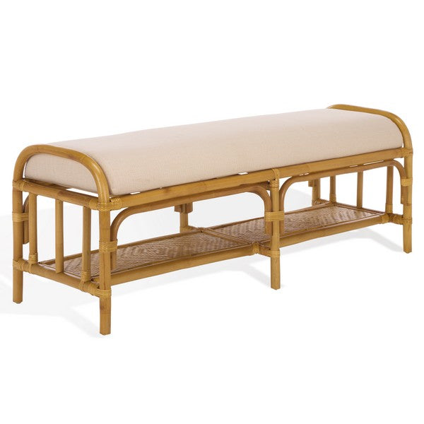 Flanders Rattan Pole Bench in Natural with White Cushion