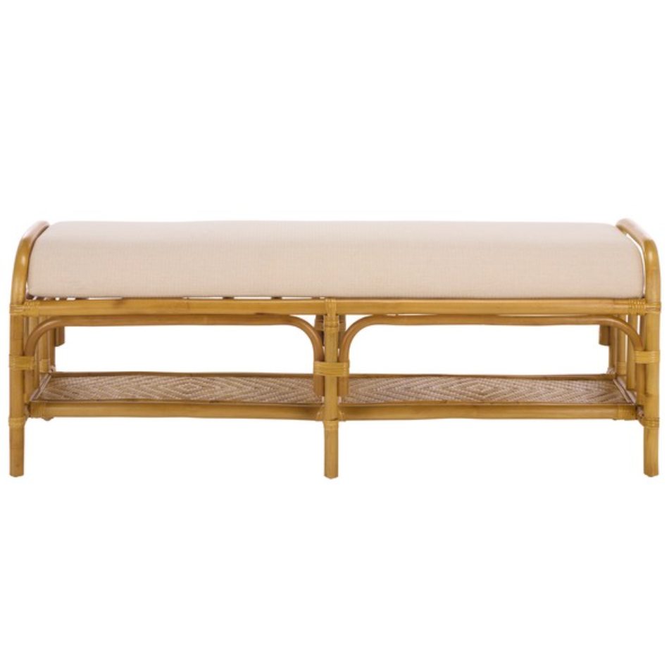 Flanders Rattan Pole Bench in Natural with White Cushion