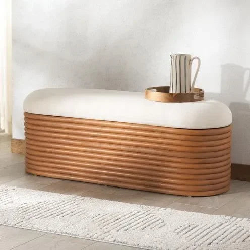 Bayard Rattan Bench in Natural/White with Storage