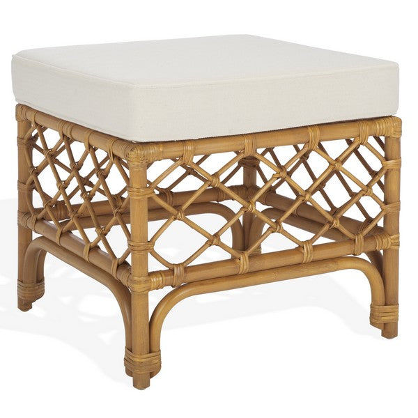 Cherilynn Rattan Pole Ottoman in Natural with White Cushion