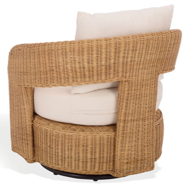 Leanna Rattan Swivel Accent Chair in Natural with White Cushion