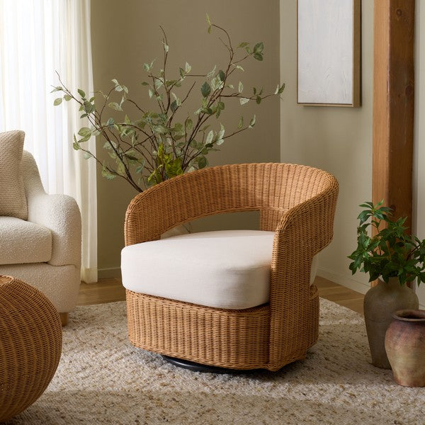 Leanna Rattan Swivel Accent Chair in Natural with White Cushion