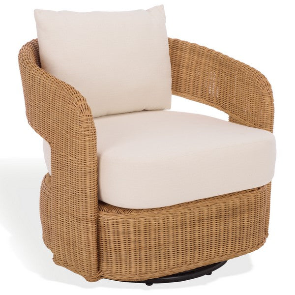 Leanna Rattan Swivel Accent Chair in Natural with White Cushion