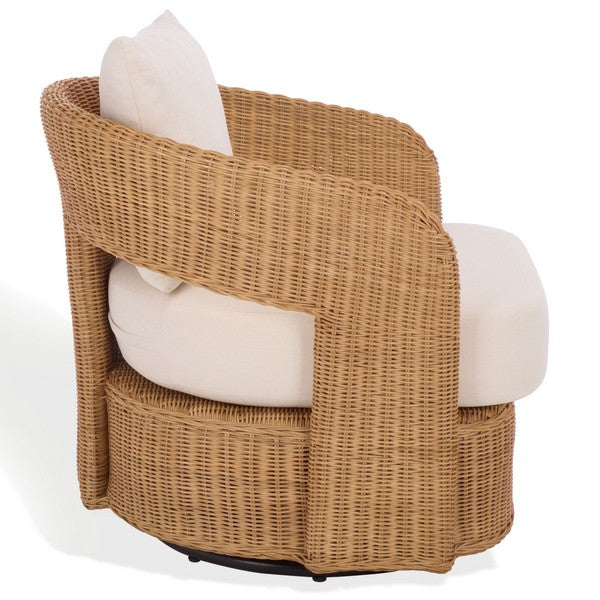 Leanna Rattan Swivel Accent Chair in Natural with White Cushion