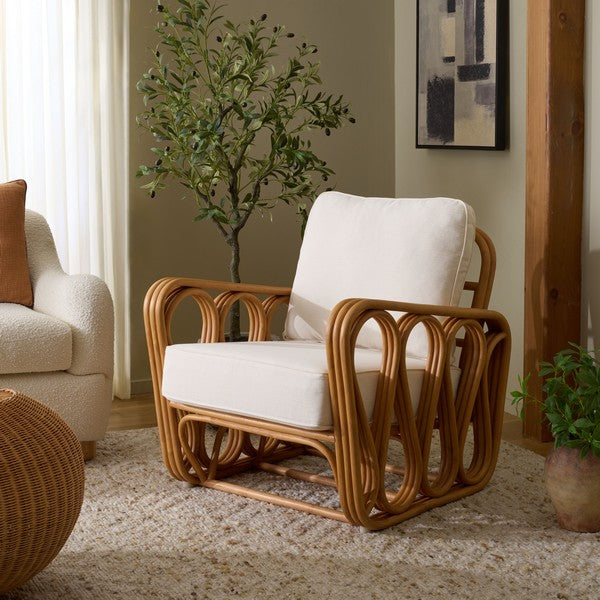 Malina Rattan Pole Accent Chair in Natural with White Cushion