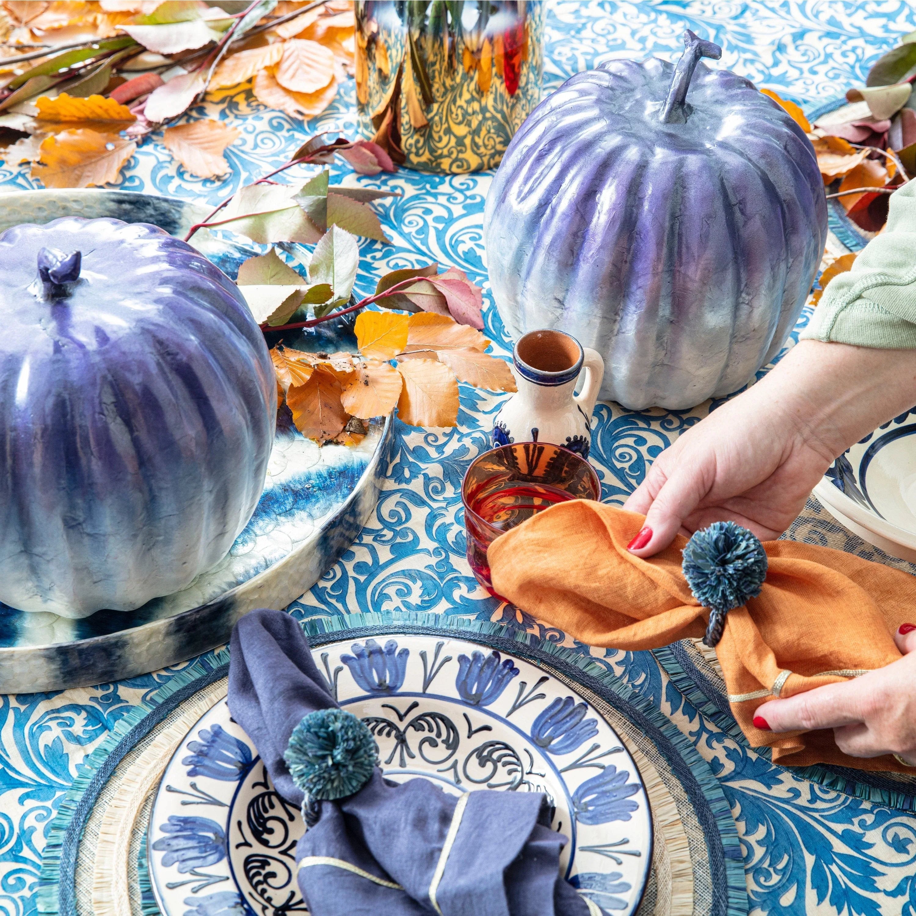 Ruffle edge straw placemat, indigo, set of four - The Mayfair Hall