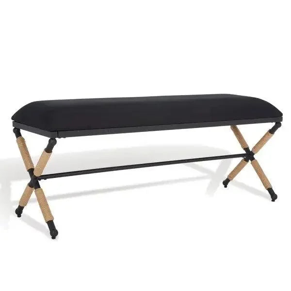 Carmelo Linen Bench in Black with Crossed Wood Base - The Mayfair Hall