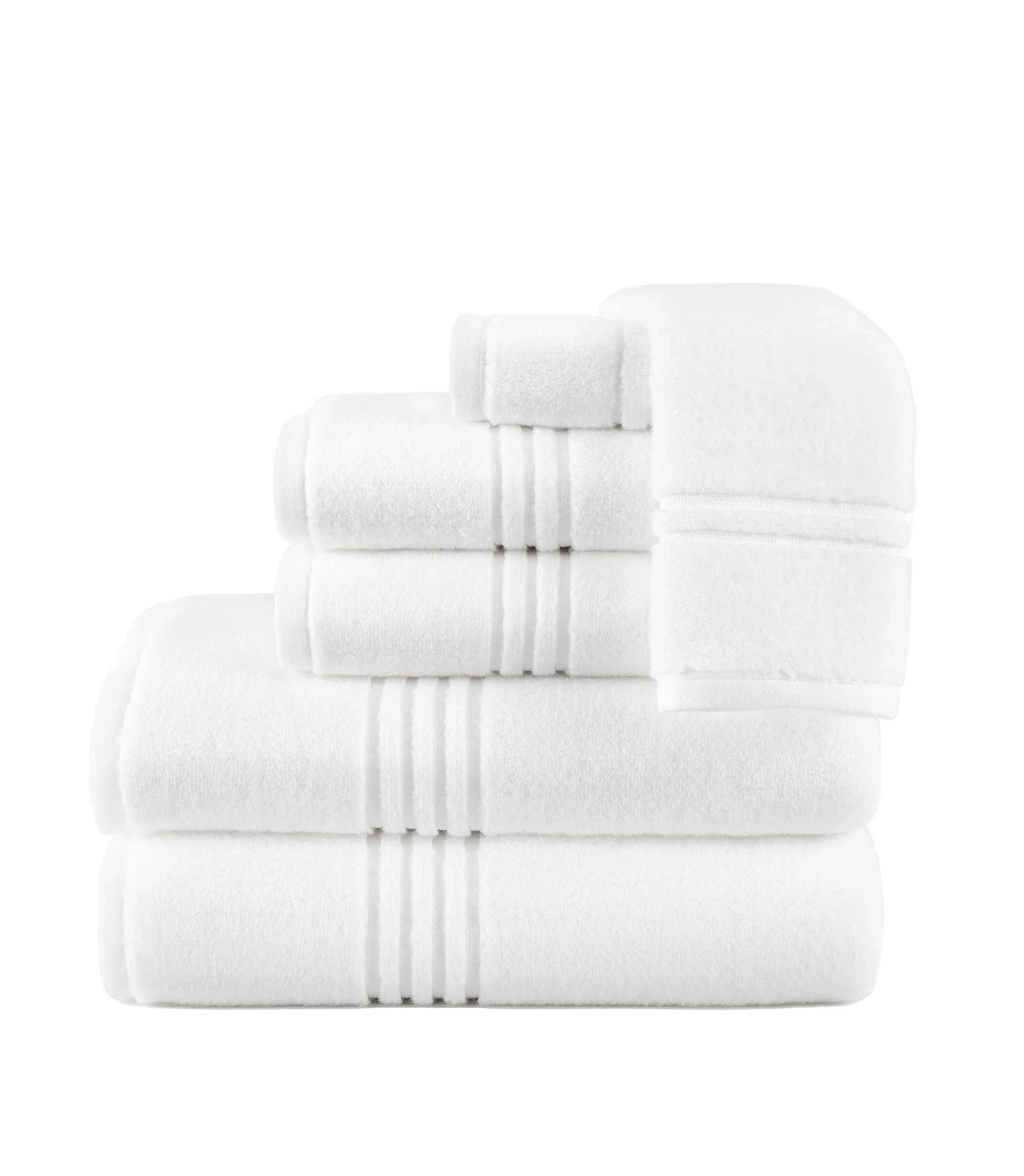 Set of white towels with stripes on a white background