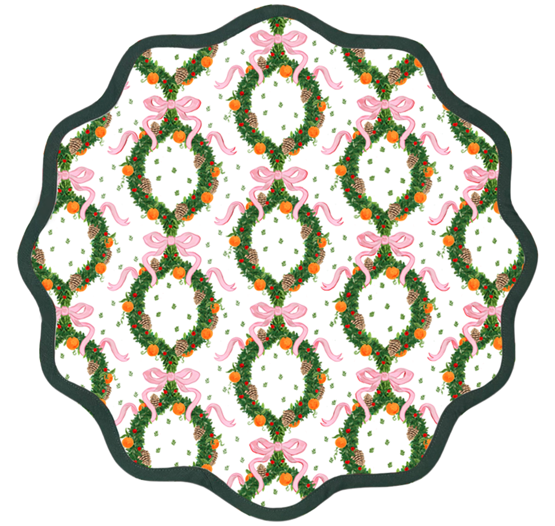 Round Scalloped Placemat | Holiday Wreath - Peony Pink