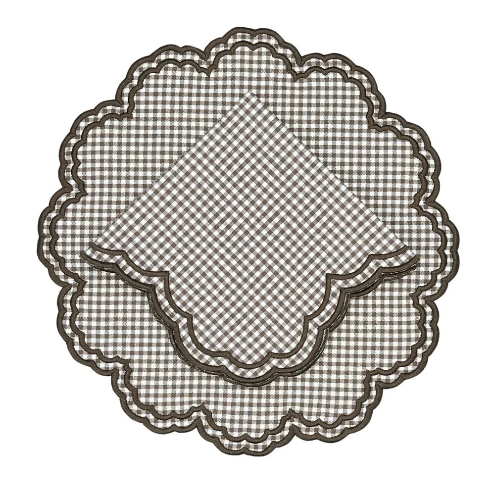 Bettina Napkin in Cocoa Gingham with Scalloped Embroidery (Set of 4)