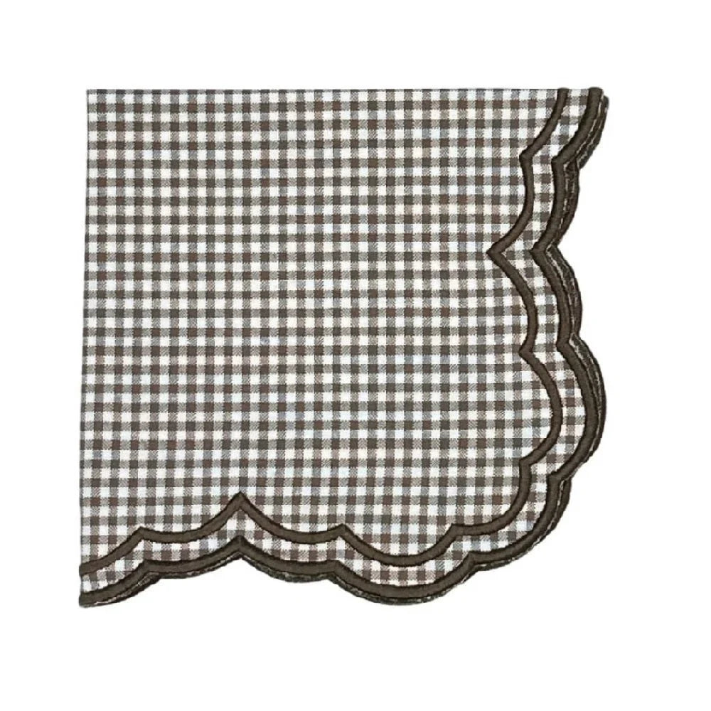 Bettina Napkin in Cocoa Gingham with Scalloped Embroidery (Set of 4)