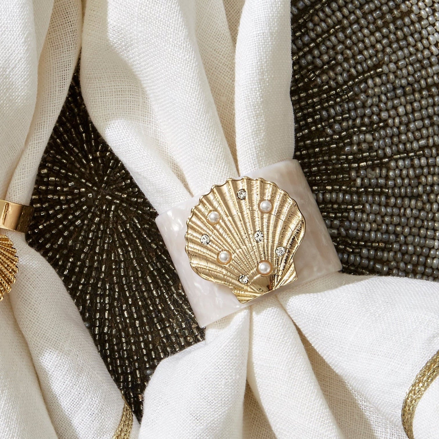 Gold trim linen dinner napkins, white, set of two