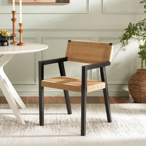 Jolene Mahogany Wood Dining Chair in Black/Natural with Woven Rope - The Mayfair Hall