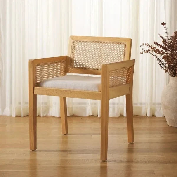 Patrina Rattan Armed Dining Chair in Natural/White with Cushion - The Mayfair Hall