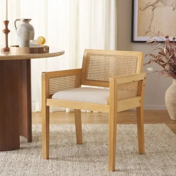 Patrina Rattan Armed Dining Chair in Natural/White with Cushion - The Mayfair Hall