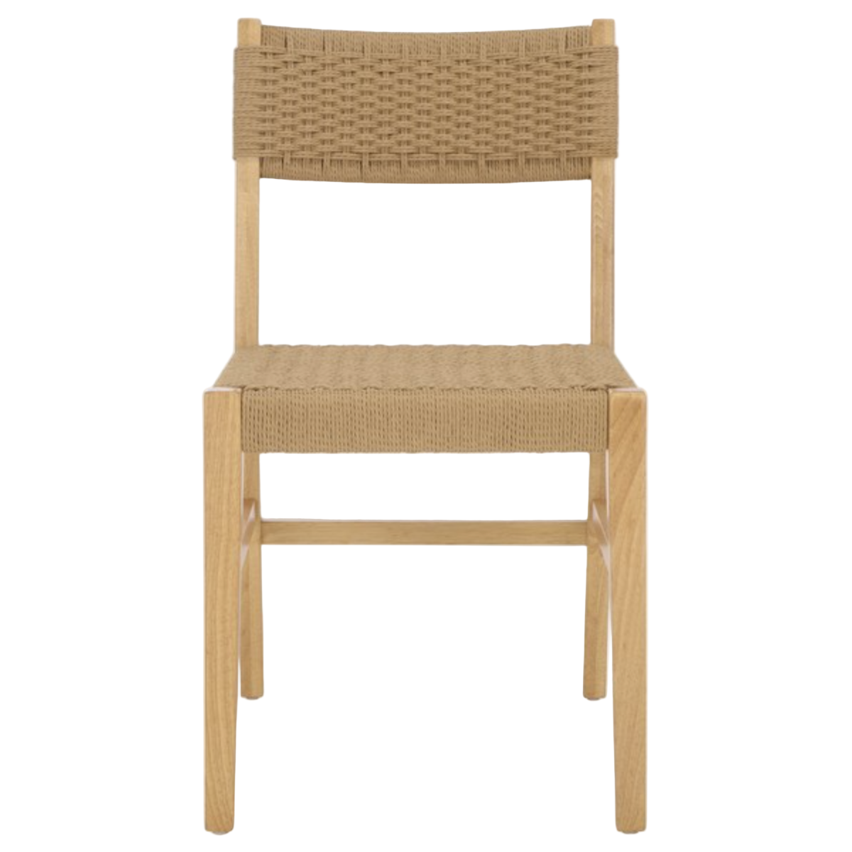 Woven chair with wooden frame on a white background