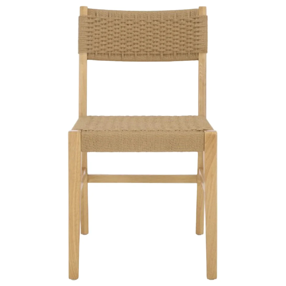 Woven chair with wooden frame on a white background