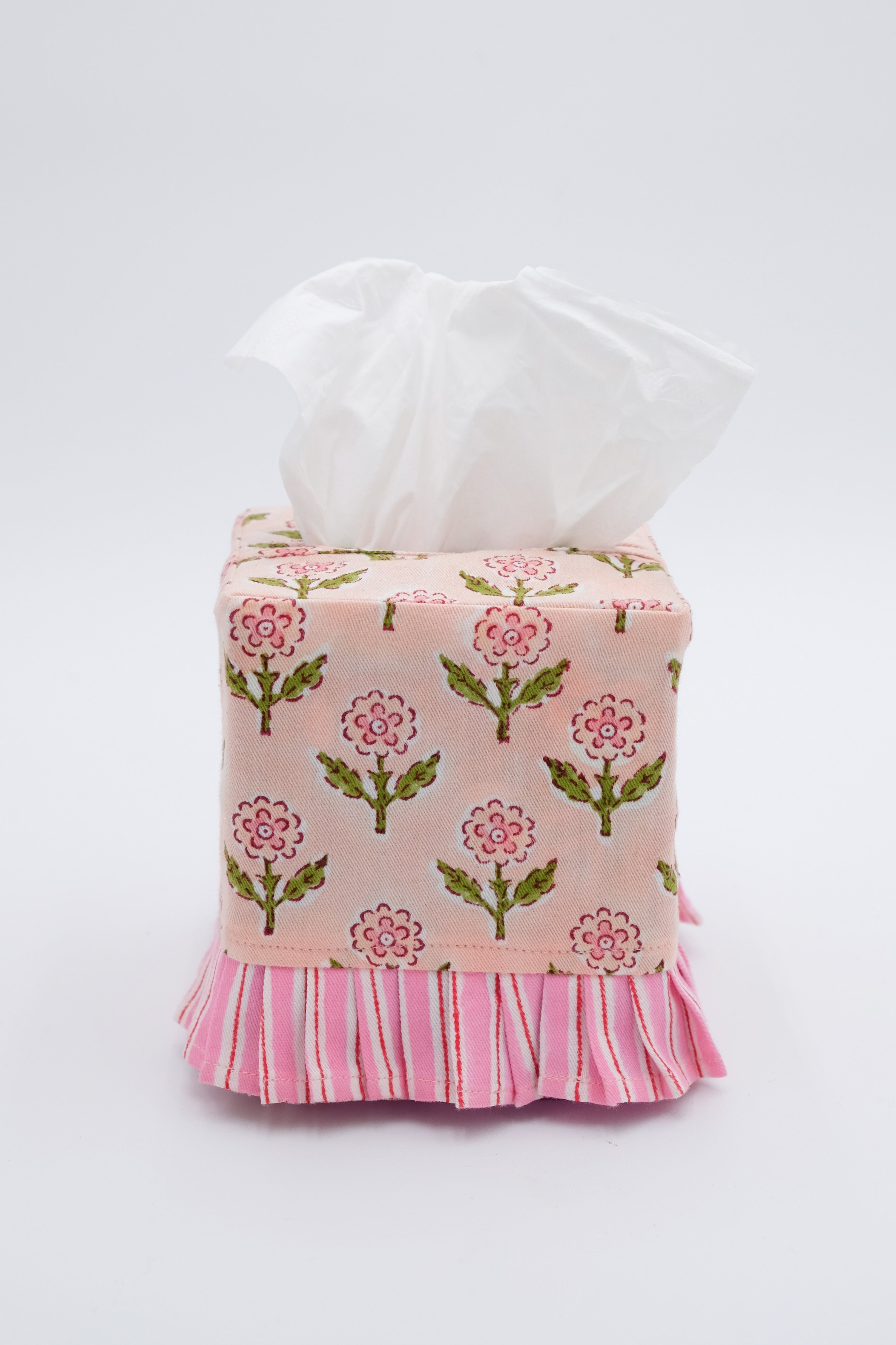 Ruffled Tissue Box Cover in Mona Pink Blockprint