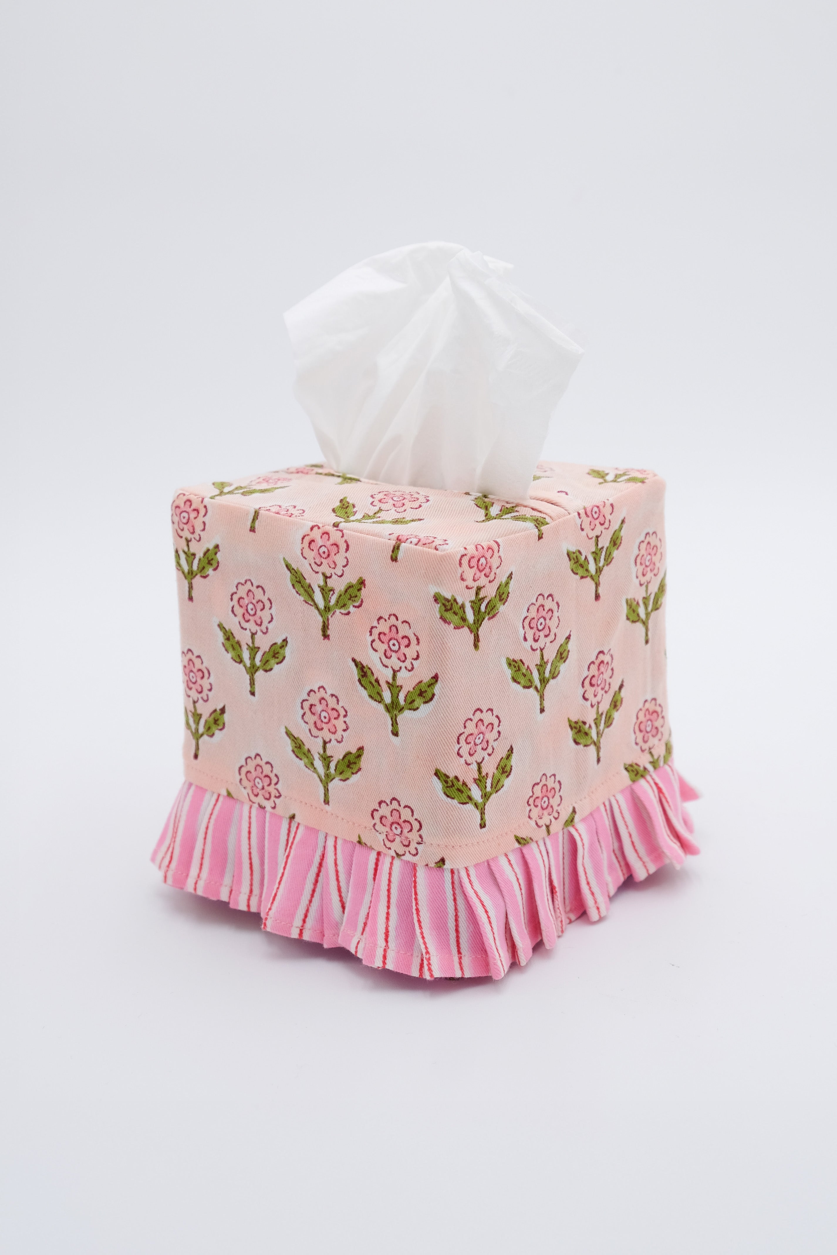 Ruffled Tissue Box Cover in Mona Pink Blockprint