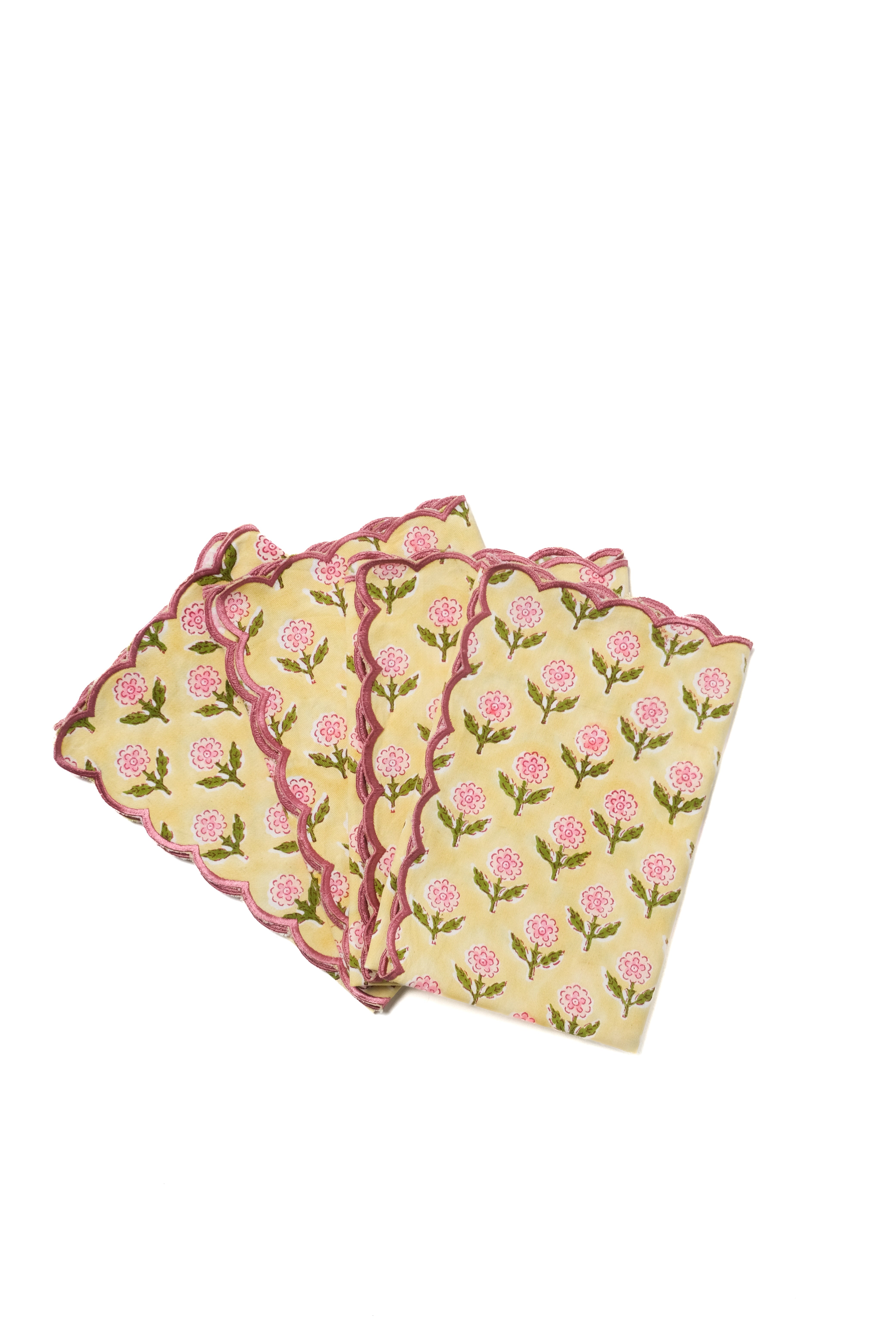Mona Scallop Embroidered Blockprint Napkins in Butter Yellow, Set of 4