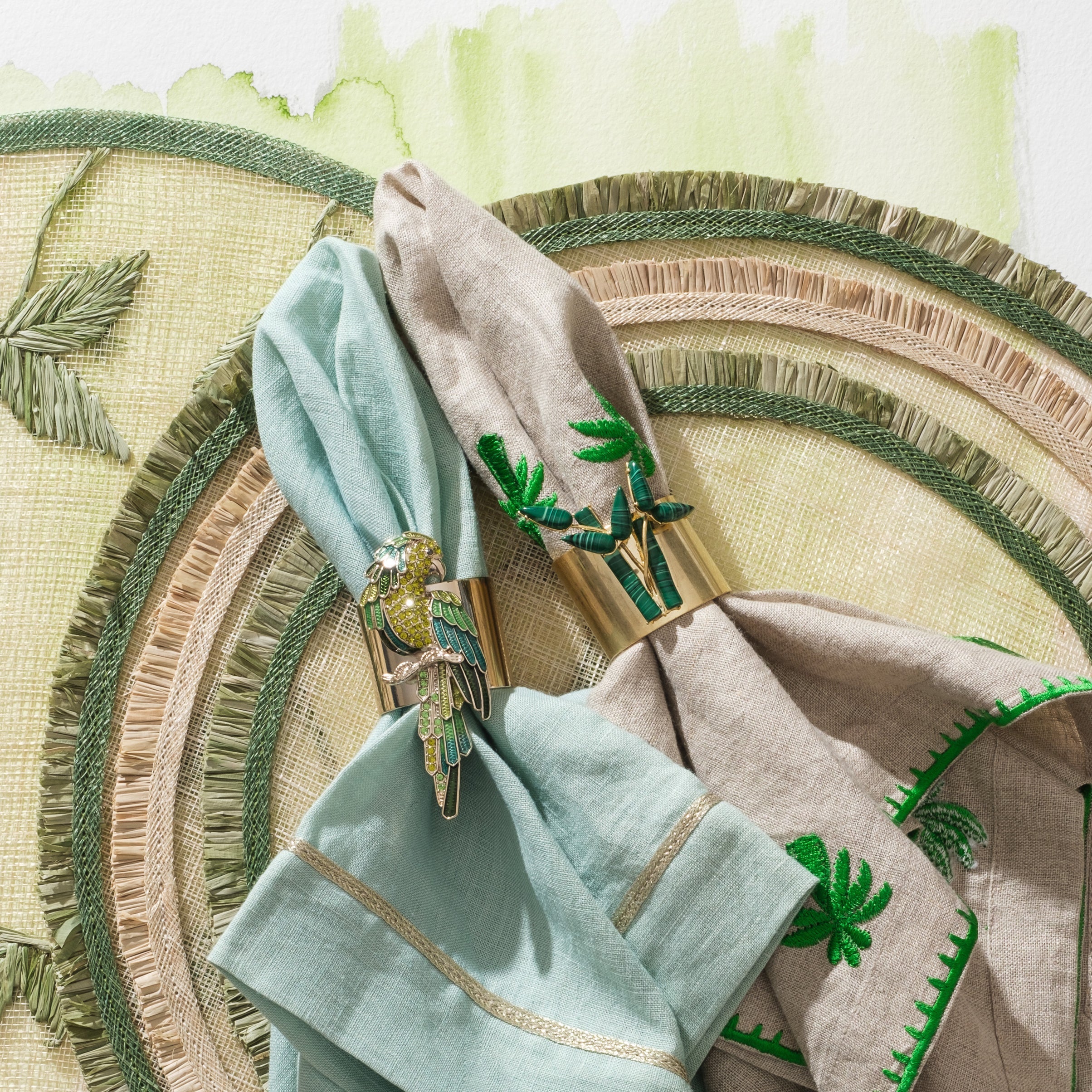 Ruffle edge straw placemats, green, set of four